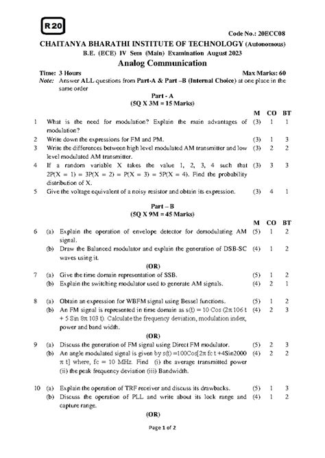 Analog Communication 20ECC08- AY 2022-23 - Code No.: 20ECC Page 1 of 2 ...