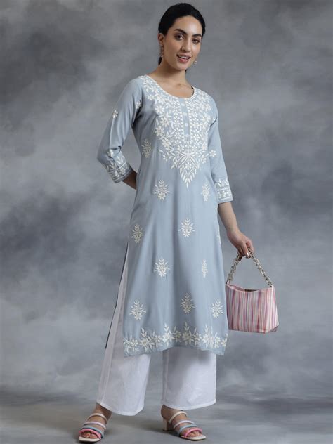 Buy Stone Blue Embroidered Rayon Straight Kurta Online at Rs.845 | Libas