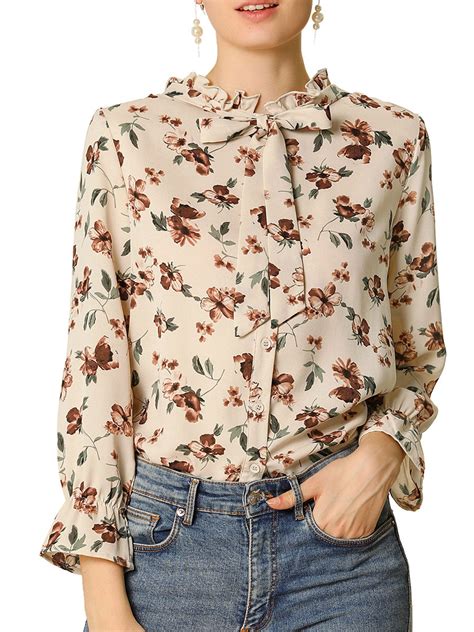 Allegra K Women's Bow Tie Ruffle Collar Button Down Long Sleeve Floral ...