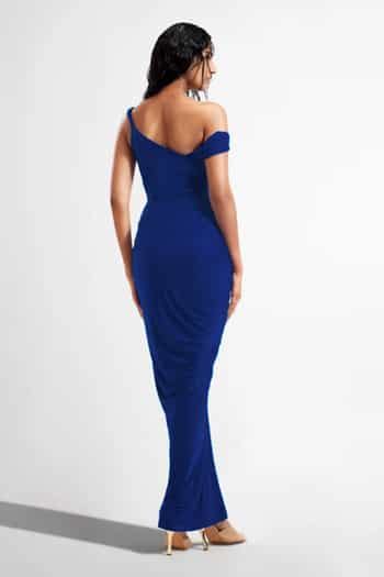 Buy Blue Lycra Asymmetric Nellie One Shoulder Draped Dress For Women by ...