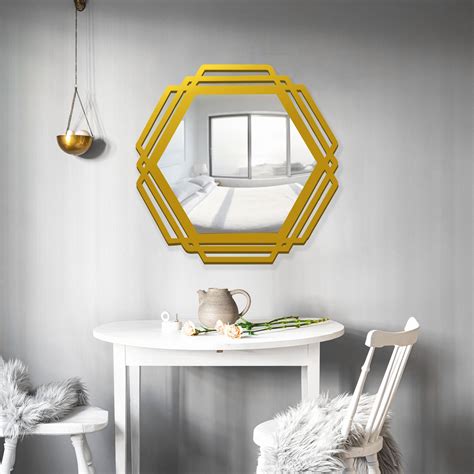 Hexagonal Shape Designer Decorative Wooden Wall Mirror With Gold Textu ...