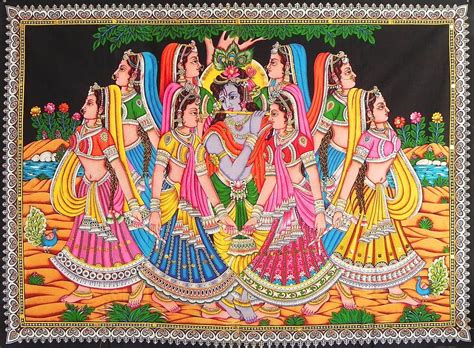 DollsofIndia Krishna with Gopinis - Print with Sequin Work - 45 x 60 ...