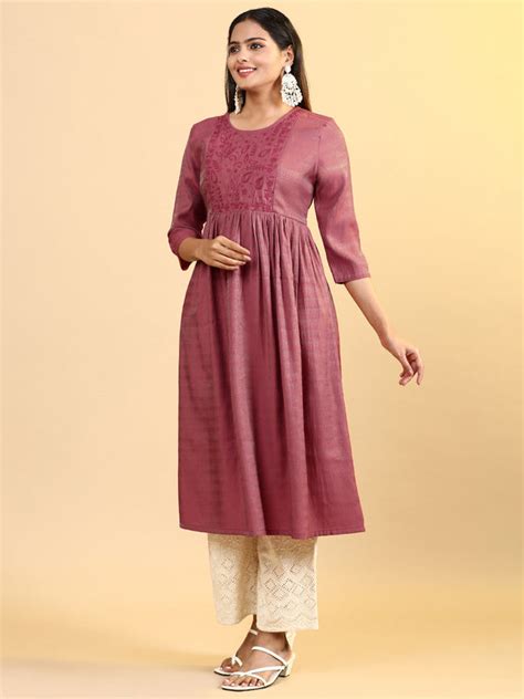 Ramyyam Women Cotton Embroidered Round Neck Kurti Maroon EKS14