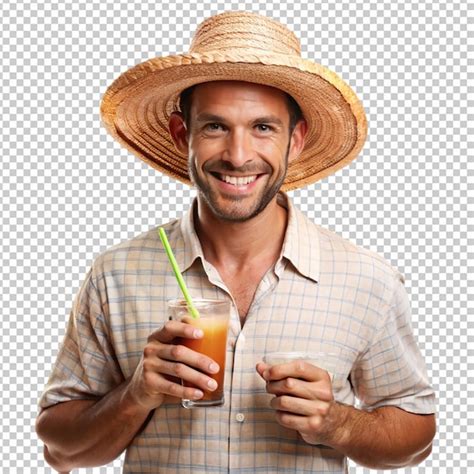 A man wearing a straw hat and holding a drink png | Premium AI ...