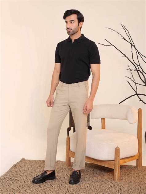 Flex Waist 4-Way Stretch Formal Trousers in Beige - Slim Fit