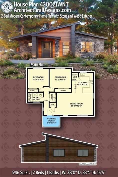 Plan 420021WNT: 2-Bed Modern Contemporary Home Plan with Stone and Wood ...