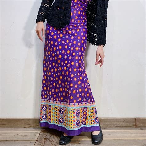 70s purple flower printed sleeveless long dress【961】 | LEMON