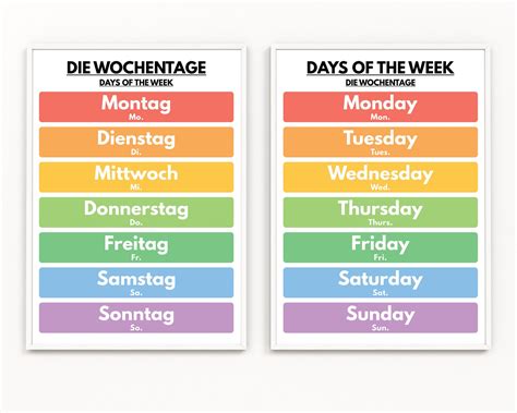 German Language, DAYS of THE WEEK in German, 2 Posters Set, German ...
