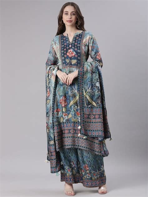Neerus Blue Printed Straight Kurta and Trousers With Dupatta – Neerus India
