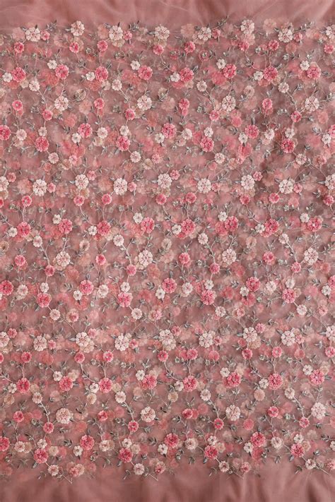 Pink And Cream Thread With Gold Sequins Floral Embroidery On Dusty Pea