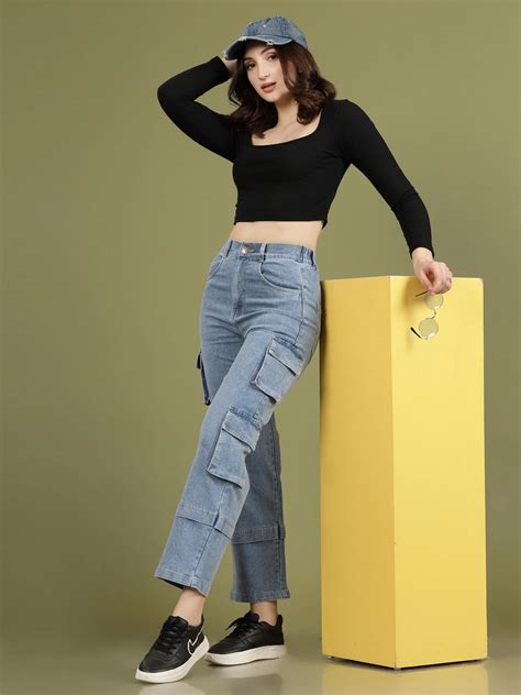 Women Blue High-Rise Clean Look Cotton Cargo Style Jeans – CINK