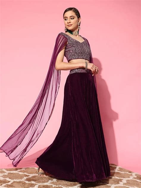 Buy Wine Embroidered Velvet Lehenga Set Online at Rs.2649 | Libas