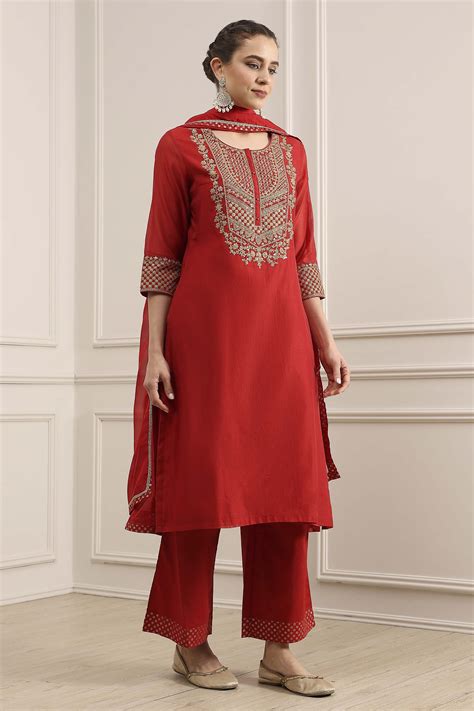 Buy Red Embroidered Art Silk Straight Suit Set Online at Biba India