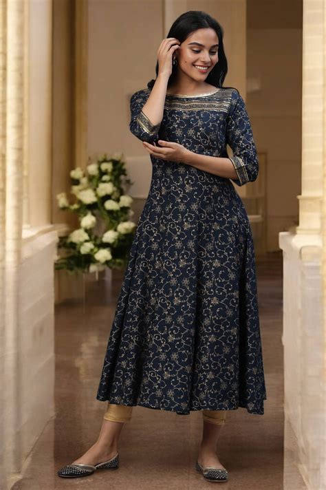 Buy Blue A-libe Floral Printed Embellished Kurta Online for Woman ...