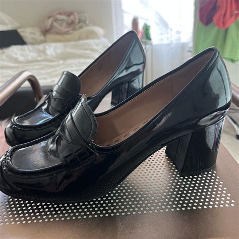 Black, heeled penny loafers, glossy - Depop