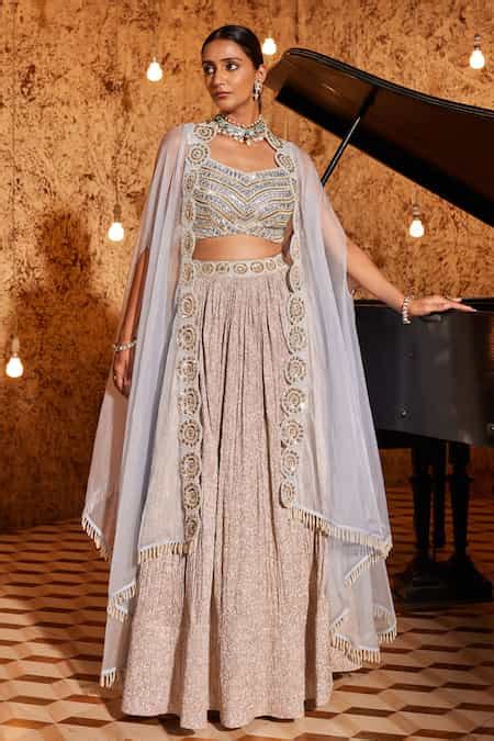 Buy Blue Silk Embroidery, Sequins, Utsav Sheer Floral Border Cape ...
