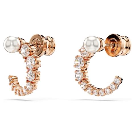 Matrix hoop earrings, Crystal pearl, Round cut, White, Rose gold-tone ...