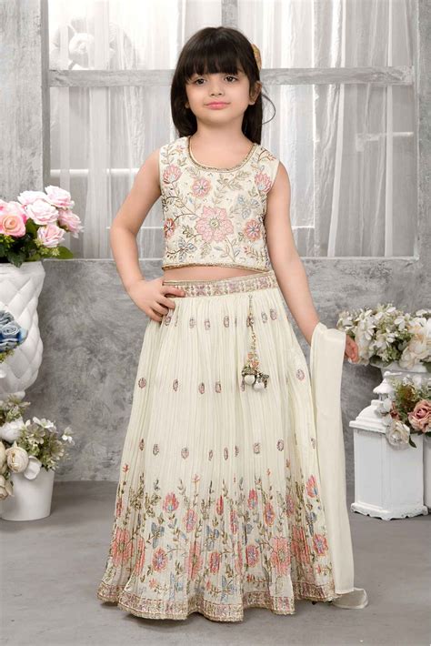 Cream Floral Embroidered Lehenga Choli Set For Girls – Lagorii Kids