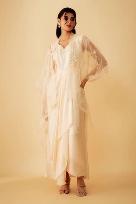 Buy Peach Organza Cut Work, Embroidery Open Neck Jacket With Gown For ...