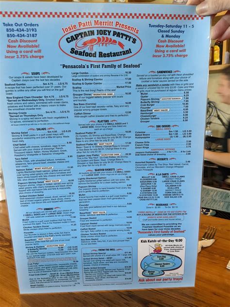 Menu at Captain Joey Patti's Seafood & Saloon restaurant, Pensacola, W ...