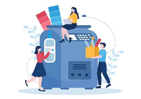 Print shop illustration with production process at printing house and ...