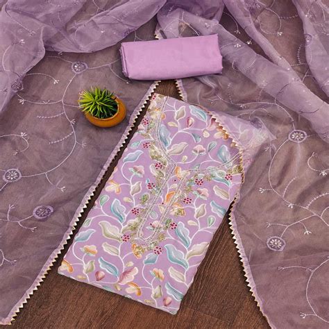 Light Purple Floral Printed With Hand Embroidered Organza Dress Materi