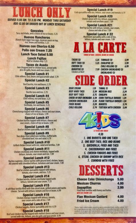 Rancho Grande Méxican Grill menu in Beckley, West Virginia, USA