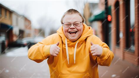 Premium Photo | Happy guy with down syndrome showing thumbs up