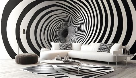 A living room with a black and white striped wallpaper with a black and ...