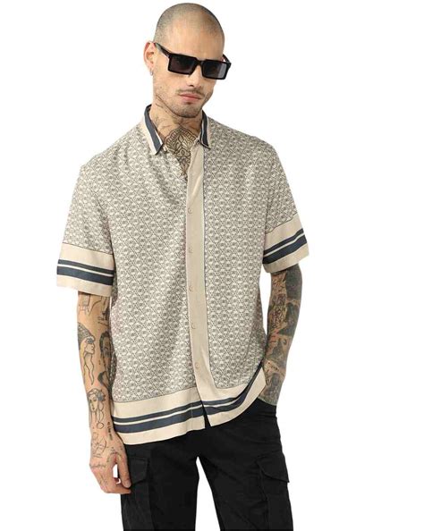 Stylised Printed Boxy Fit Short Sleeve Viscose Shirt
