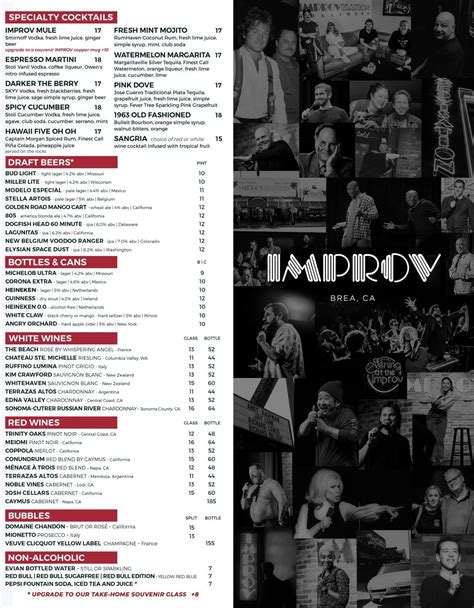 Brea Improv Food and Drink Menu