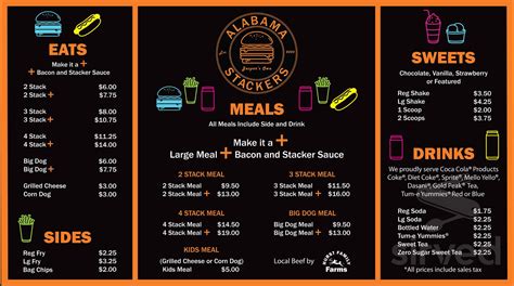 Alabama Stackers menu in Jasper, Alabama, USA