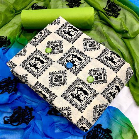 OffWhite - Green Casual Wear Printed Cotton Dress Material