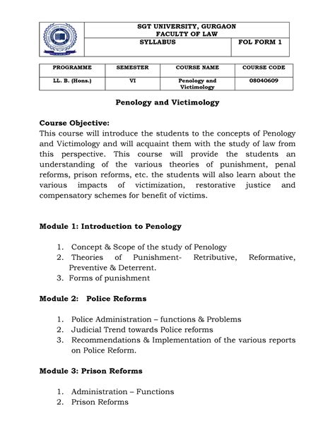 Penology-Victimology - SGT UNIVERSITY, GURGAON FACULTY OF LAW SYLLABUS ...