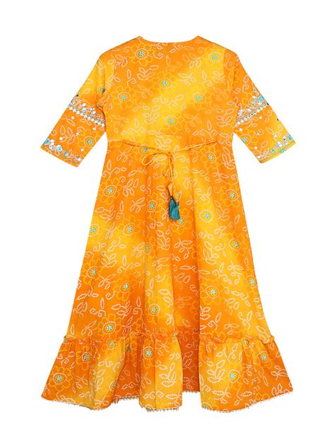 Buy Ishin Girls Mustard Embroidered Tiered Dress Online
