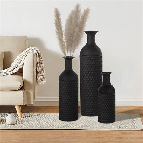 Set of 3 Black Floor Standing Vases Large 27 inch Tall Metal Decorative ...
