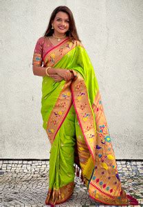 Buy Nayanthara Trends Printed Paithani Silk Blend Green Sarees Online ...
