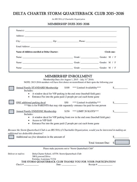 Fillable Online deltacs Delta Charter Storm Quarterback Club 2015-2016 ...