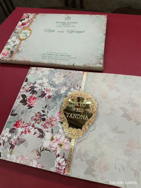KLB611 Floral Design Semi Box Paper Wedding Card with Couple Name Acry ...