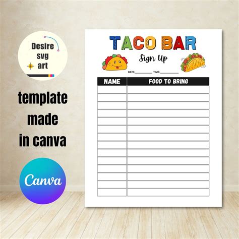 Taco Fiesta: Stylish Taco Bar Sign up Sheet Template Printable for ...