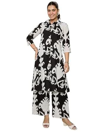 Buy INDO ERA Women's Black Pure Cotton Printed A-Line Kurta & Pant Set ...