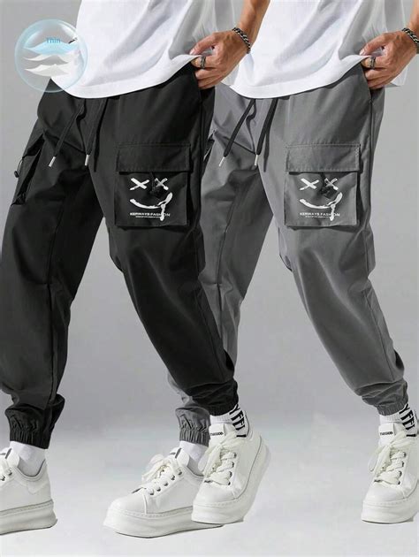 2pcs Men's Casual Smile Face Printed Drawstring Cargo Pants | SHEIN USA
