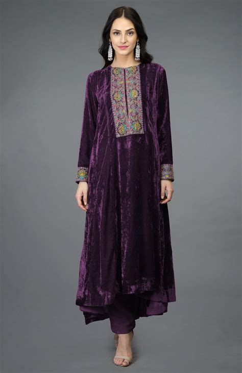 Plum Purple Kashmiri Kashidakari Hand Embroidered Kalidaar Kurta Set ...