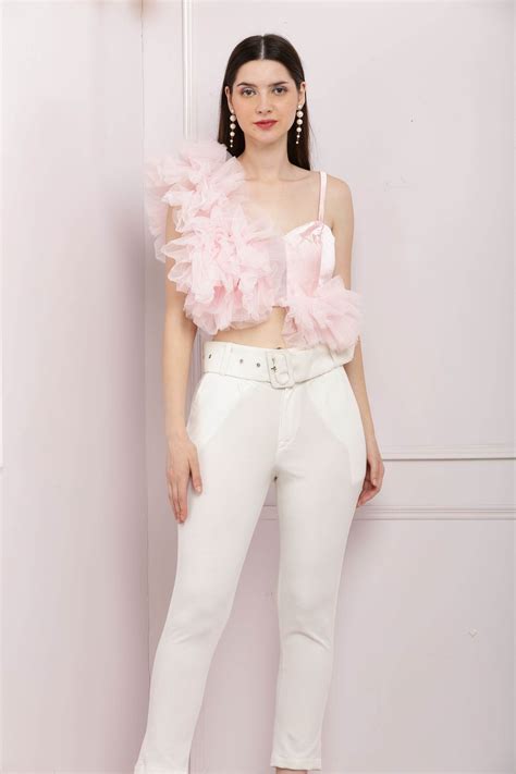 Baby Pink Ruffled Tulle Crop Top for Women - DrapeMe