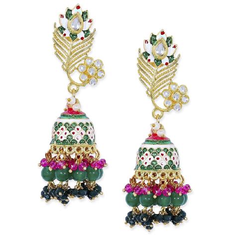 Buy Fabula Green & Pink Meenakari Enamel Peacock Design Jhumka Earrings ...