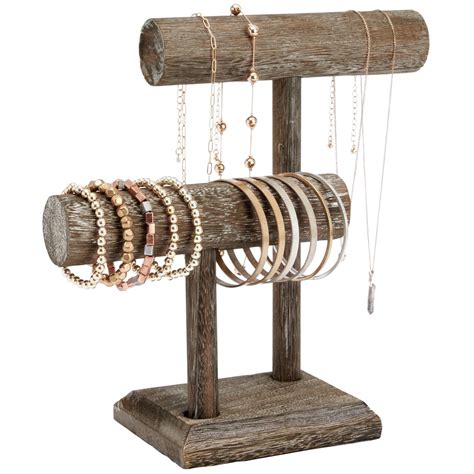 Rustic-Style 2-Tier Jewelry Organizer Stand, Wooden T-Bar Necklace Rack ...
