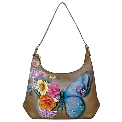 Buy Butterfly Blooms Bronze Hand Painted Leather Slim Shoulder Hobo ...