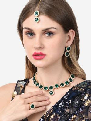 Buy Zaveri Pearls Green Dazzling Stones Necklace Earring Maangtikka ...