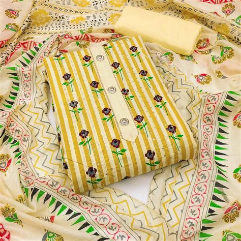 Yellow Printed With Sequins Embroidered Pure Cotton Dress Material