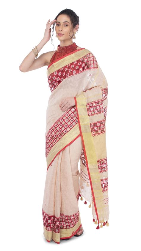 Pure Linen Hand Cutwork Design Red Saree with Running Blouse-Indiehaat ...